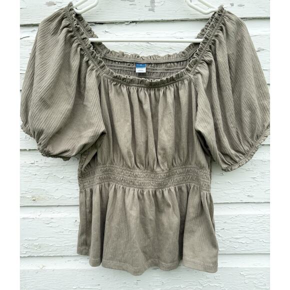 OLD NAVY Babydoll Blouse Women's Size M Puff-Sleeve Smocked Green Birch Leaf - Picture 1 of 4